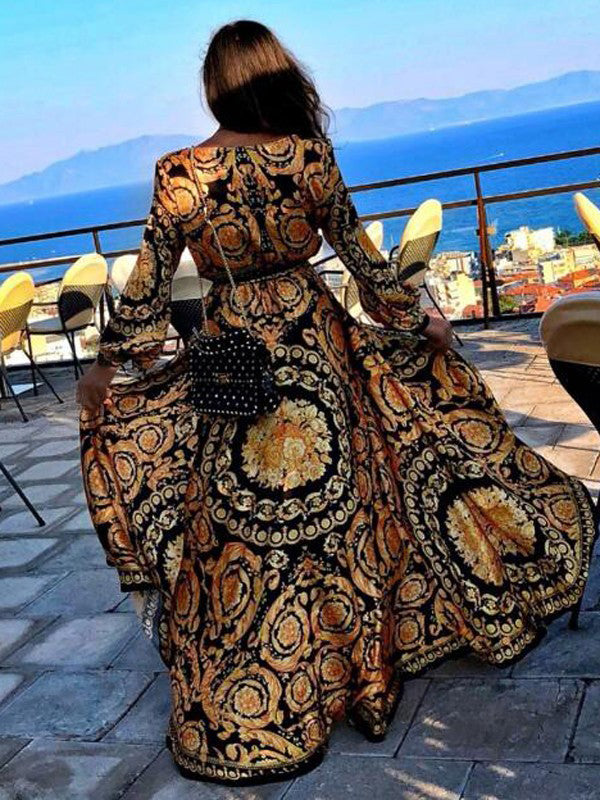 Boho Wrap Summer Dress with Slit and Long Sleeves-Orange Black-S-State of Style