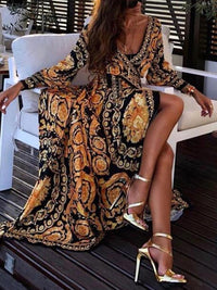 Boho Wrap Summer Dress with Slit and Long Sleeves-Orange Black-S-State of Style