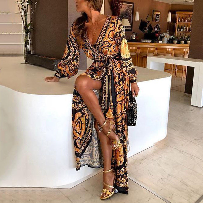 Boho Wrap Summer Dress with Slit and Long Sleeves-Orange Black-S-State of Style