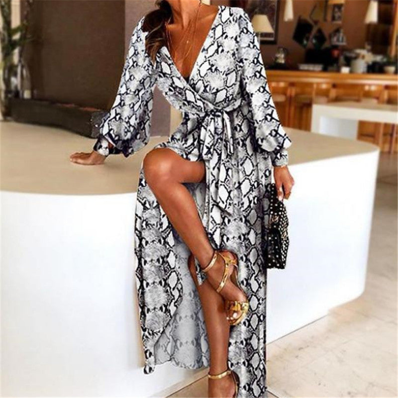 Boho Wrap Summer Dress with Slit and Long Sleeves-Snake Print-S-State of Style