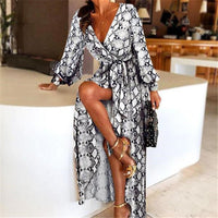 Boho Wrap Summer Dress with Slit and Long Sleeves-Snake Print-S-State of Style