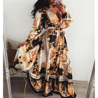 Boho Wrap Summer Dress with Slit and Long Sleeves-Yellow Black-S-State of Style