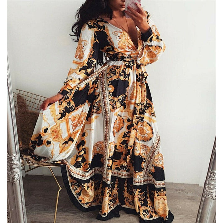 Boho Wrap Summer Dress with Slit and Long Sleeves-Yellow Black-S-State of Style