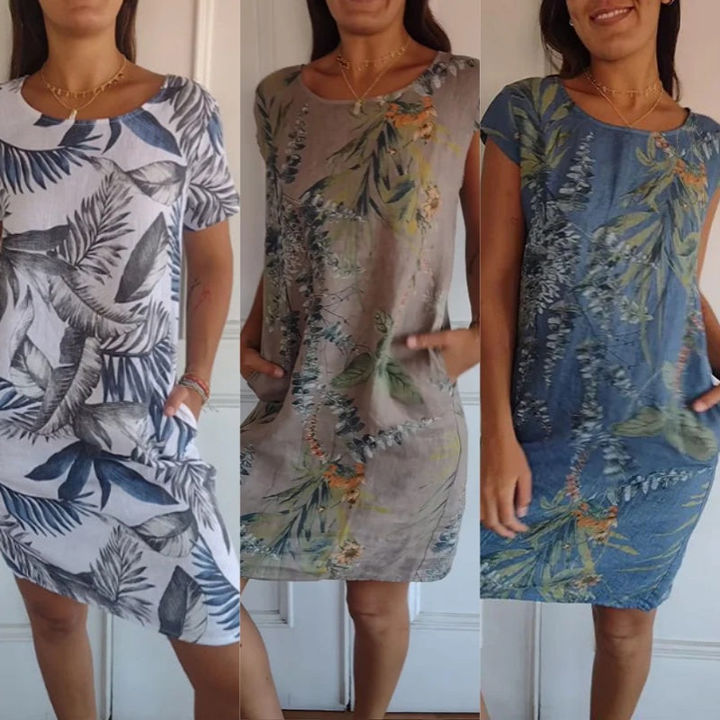 Botanical summer dress with round neck & floral A-line shape – Elvira-White-S-State of Style