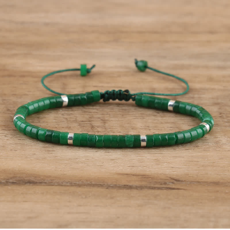 Braided Bracelet with 2.4 mm Natural Stone Rollers - Seraphina-Dark green jade-State of Style