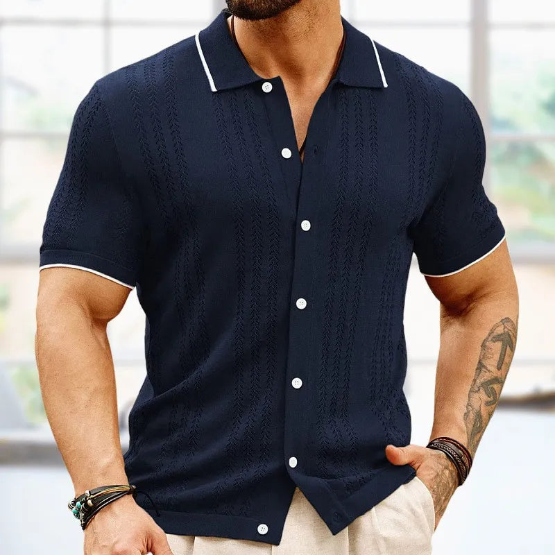 Breathable & Classic Knit Polo Shirt Made of Cotton for Men - Leano-Navy blue-S-State of Style