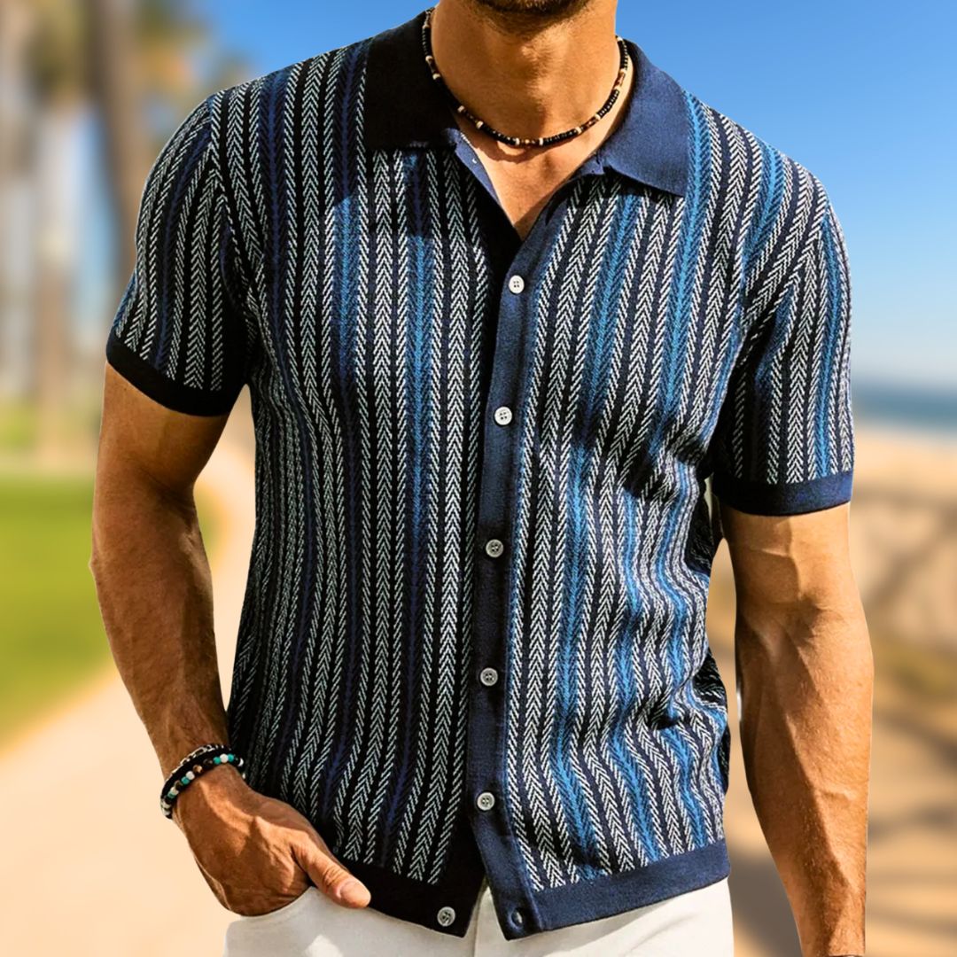 Breathable men's chevron polo shirt with button placket – Julian-Navy-S-State of Style