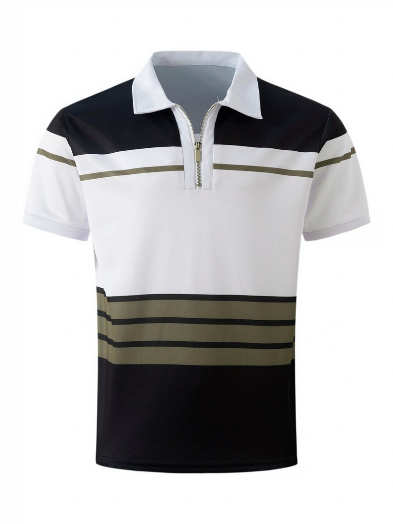 Breathable Striped Polo Shirt in English-Inspired Oversized Fit-Blue A-2XL-State of Style
