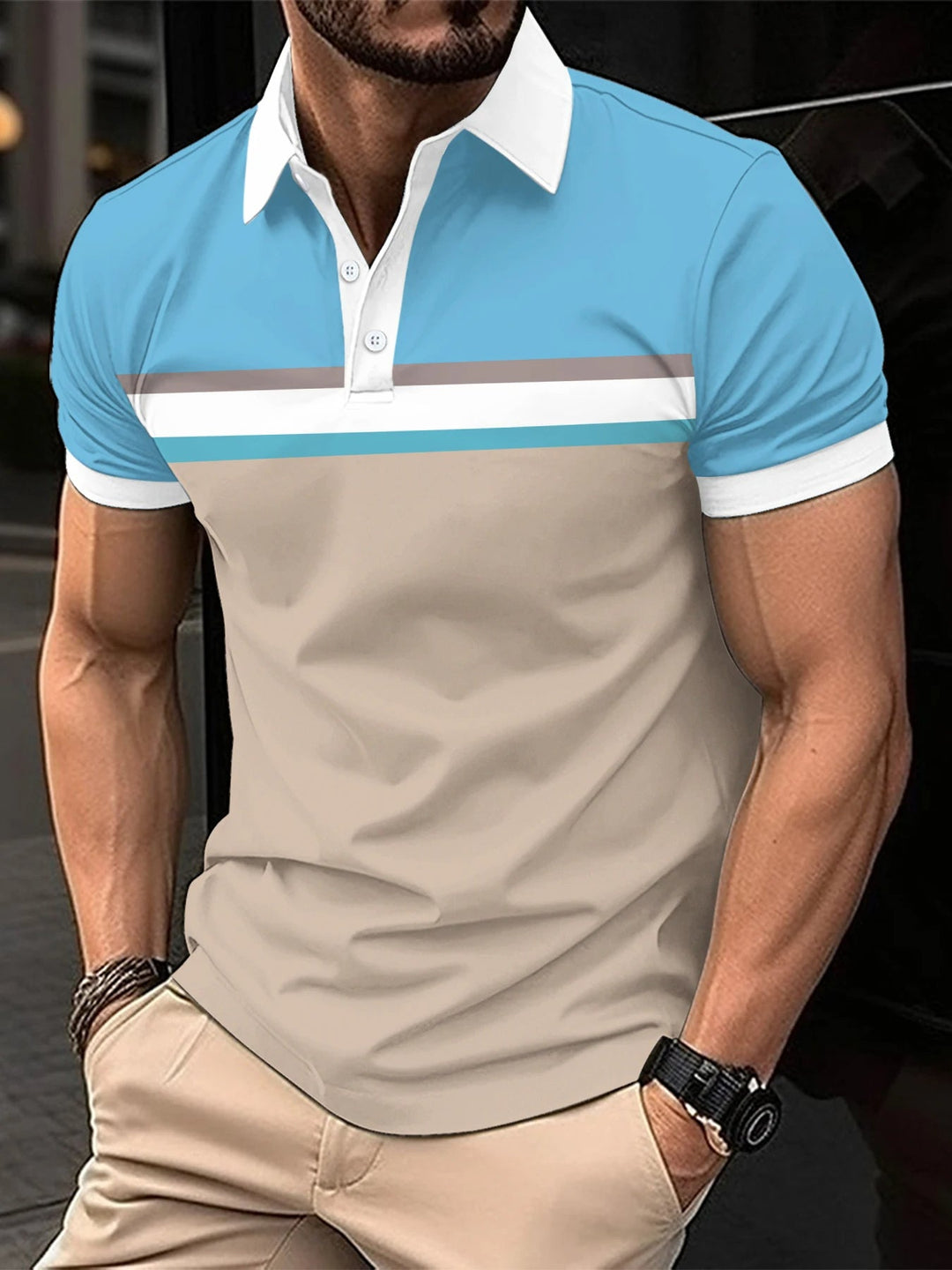 Breathable Striped Polo Shirt in English-Inspired Oversized Fit-Blue A-2XL-State of Style