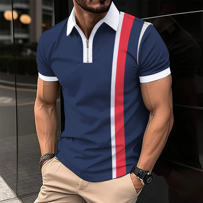 Breathable Striped Polo Shirt in English-Inspired Oversized Fit-Navy blue-2XL-State of Style
