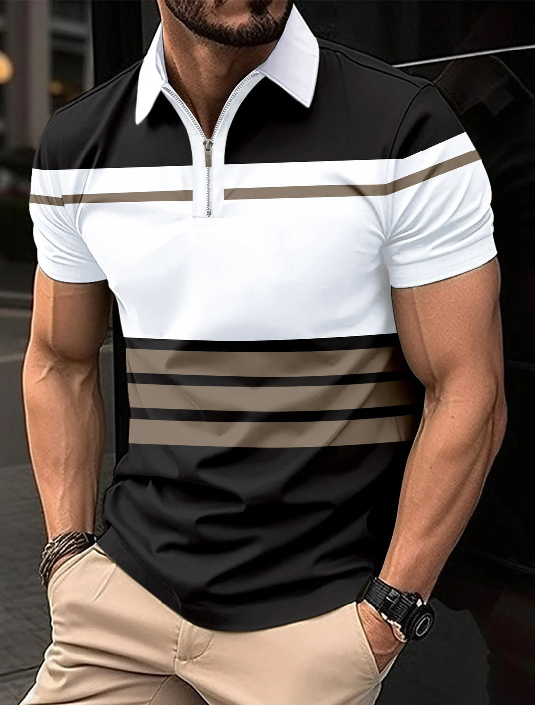 Breathable Striped Polo Shirt in English-Inspired Oversized Fit-White A-2XL-State of Style