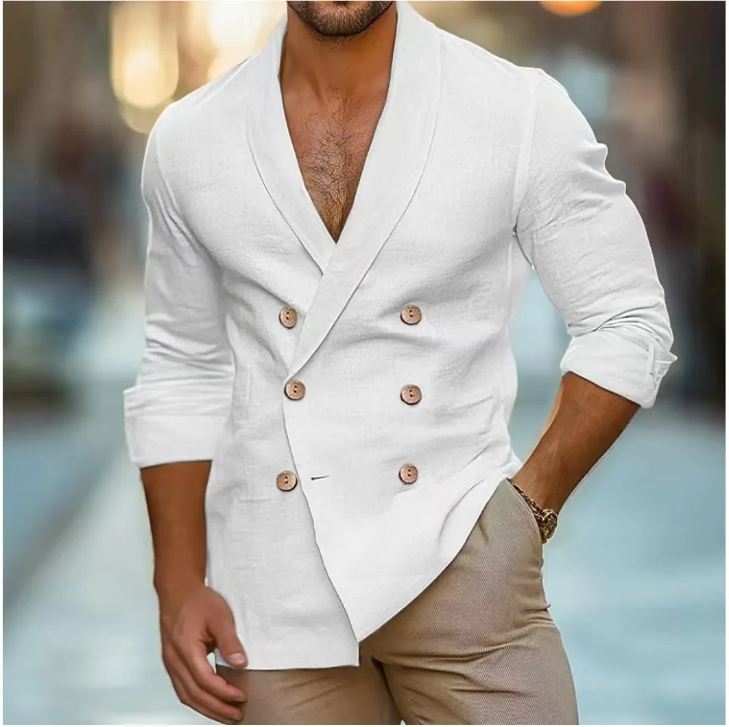 Breathable & Stylish Double-Breasted Linen Shirt for Men – Mateo-White-S-State of Style