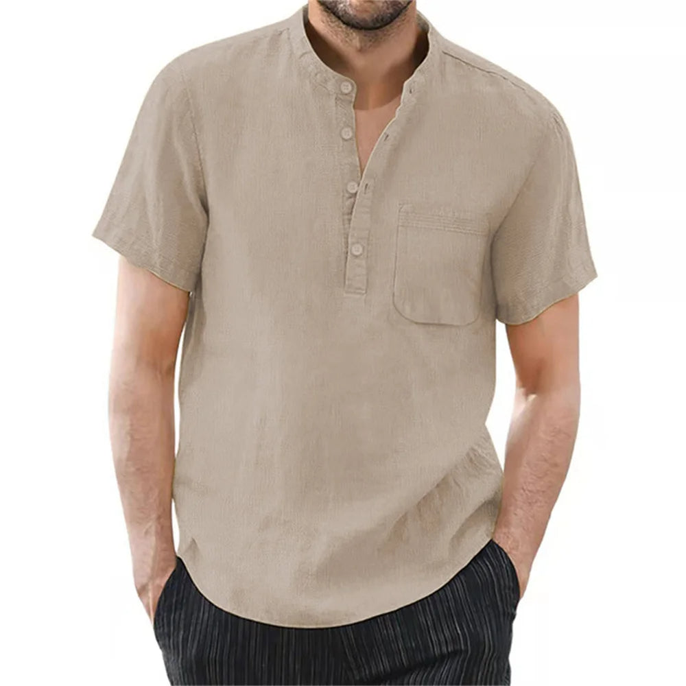 Breezy Summer Linen Comfort Shirt in Plus Size-Khaki-2XL-State of Style