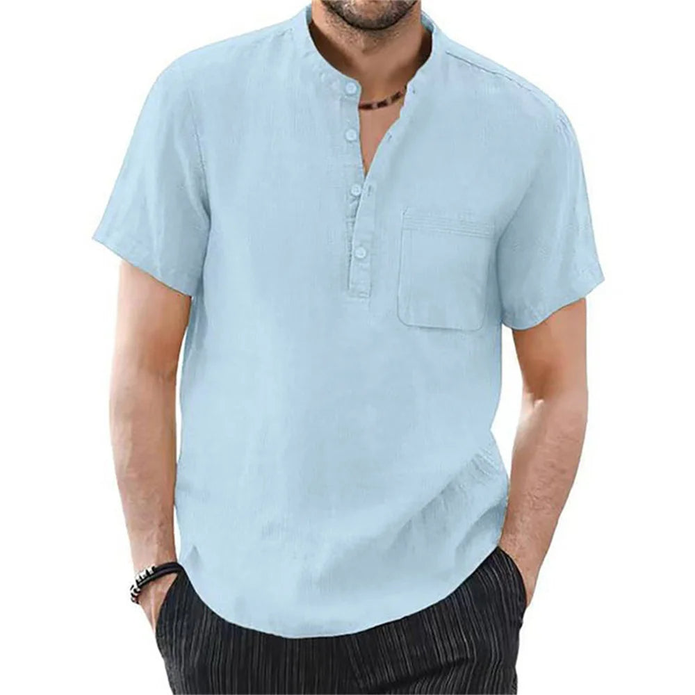 Breezy Summer Linen Comfort Shirt in Plus Size-Light Blue-2XL-State of Style