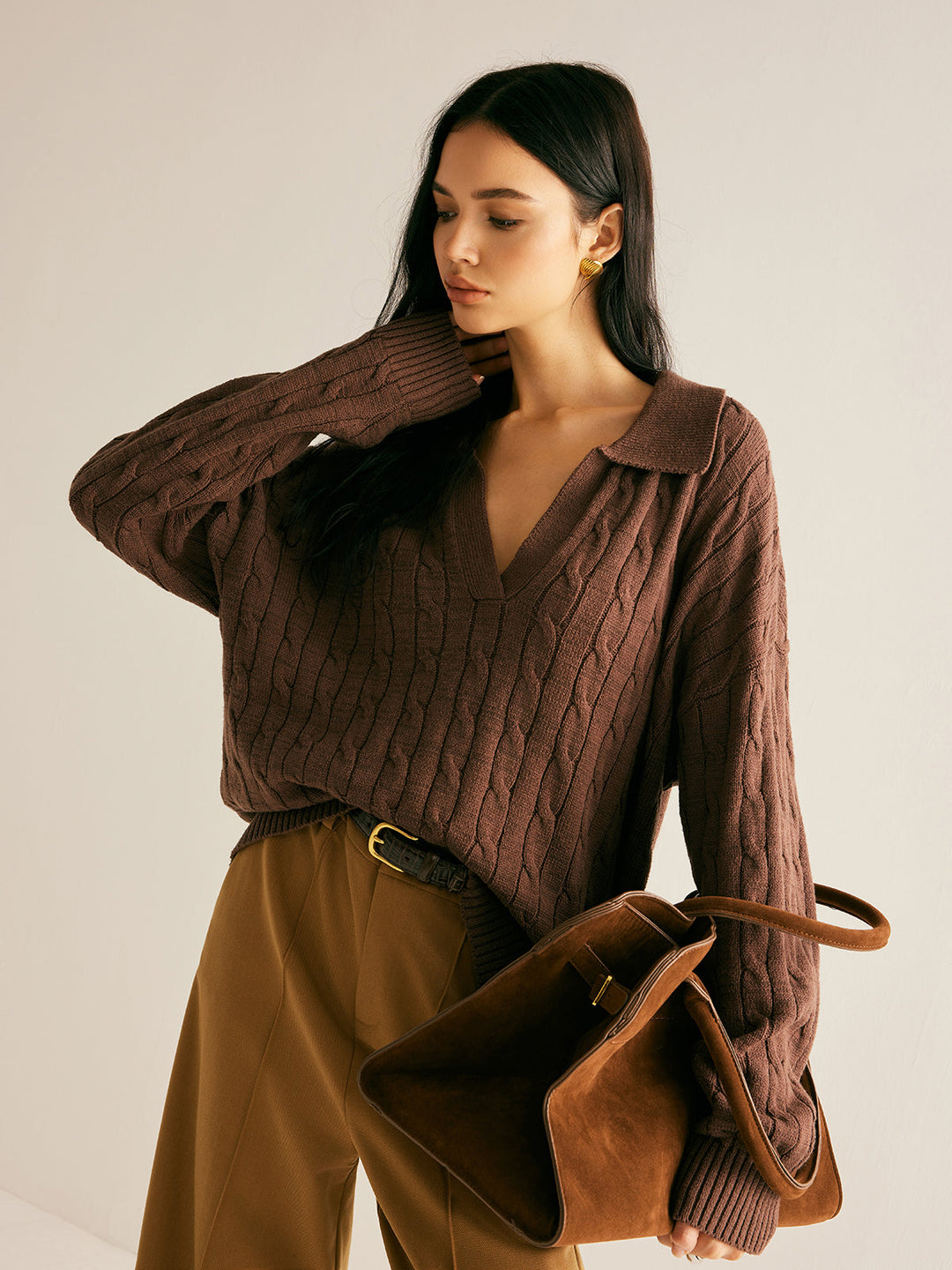 Brown V-Neck Jumper for Women - Sienna-XS-State of Style