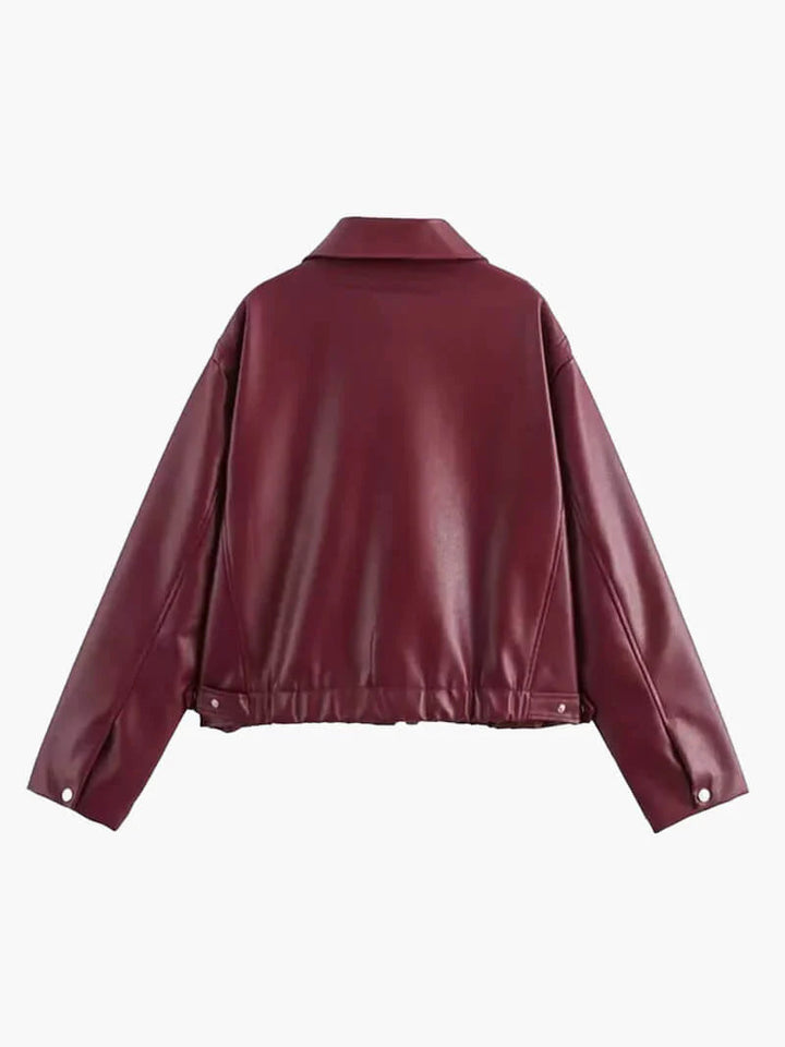 Bordeaux Red Leather Ladies Jacket with Zipper – Alessia