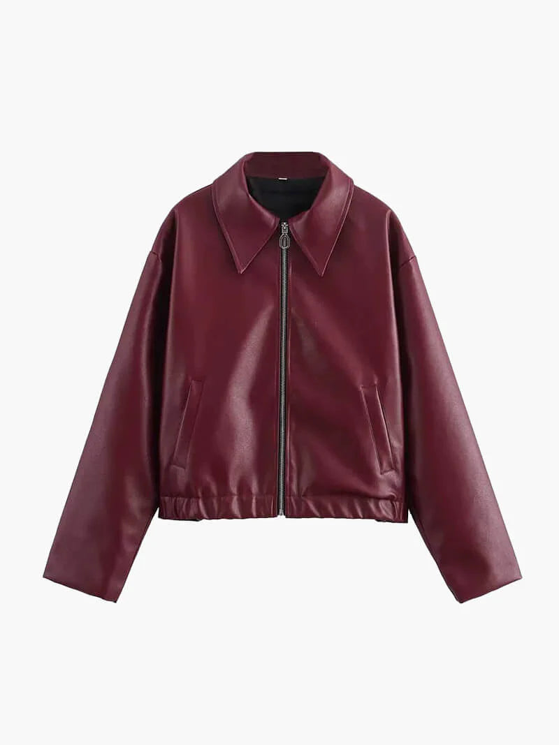 Bordeaux Red Leather Ladies Jacket with Zipper – Alessia