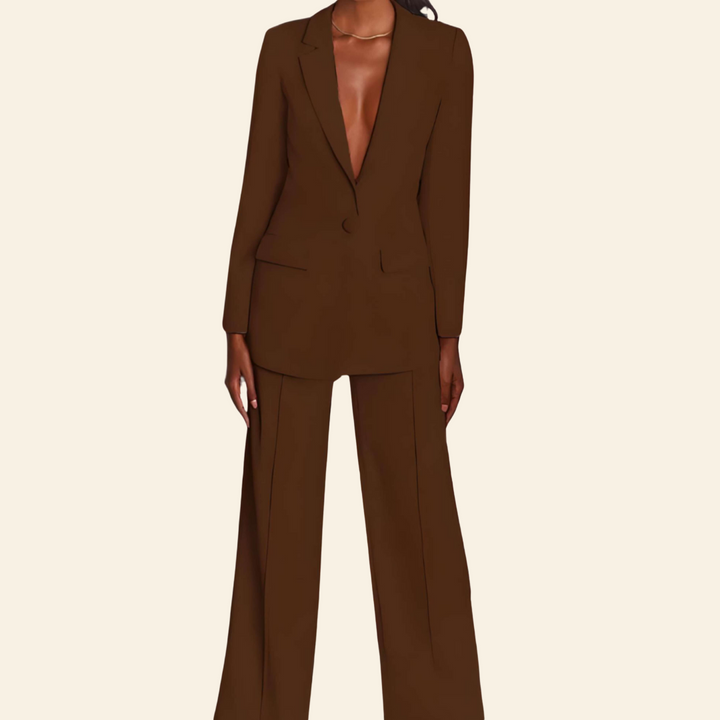 Business 2-Piece Set with Blazer and Wide Trousers - Sophia-Coffee-S-State of Style