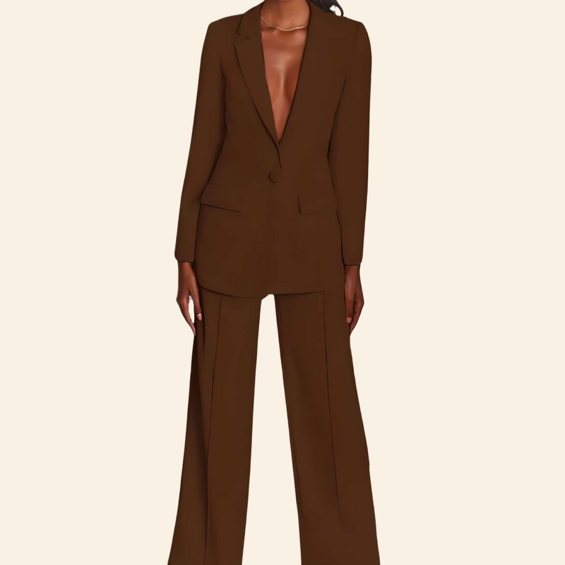 Business 2-Piece Set with Blazer and Wide Trousers - Sophia-Coffee-S-State of Style