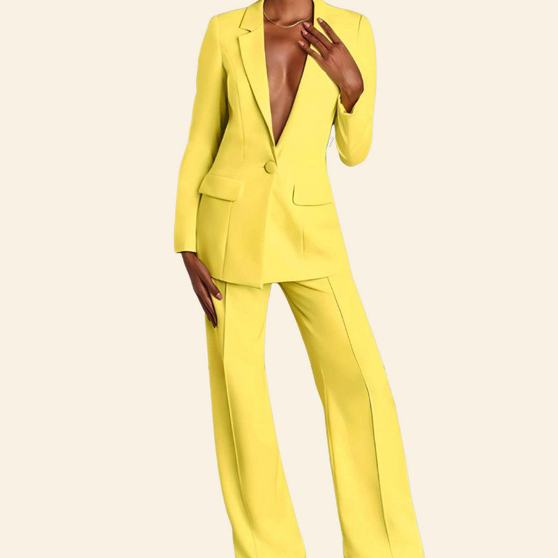 Business 2-Piece Set with Blazer and Wide Trousers - Sophia-Yellow-S-State of Style