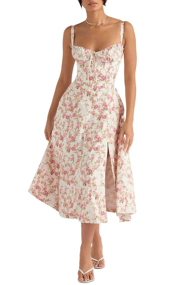 Bustier Summer Dress with Waist Shaper - Isabella-Knee length - 1 layer-Pink Flowers-XS-State of Style