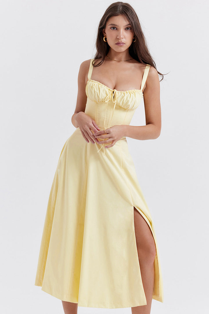 Bustier Waist-Shaping Floral Dress-Yellow-S-State of Style