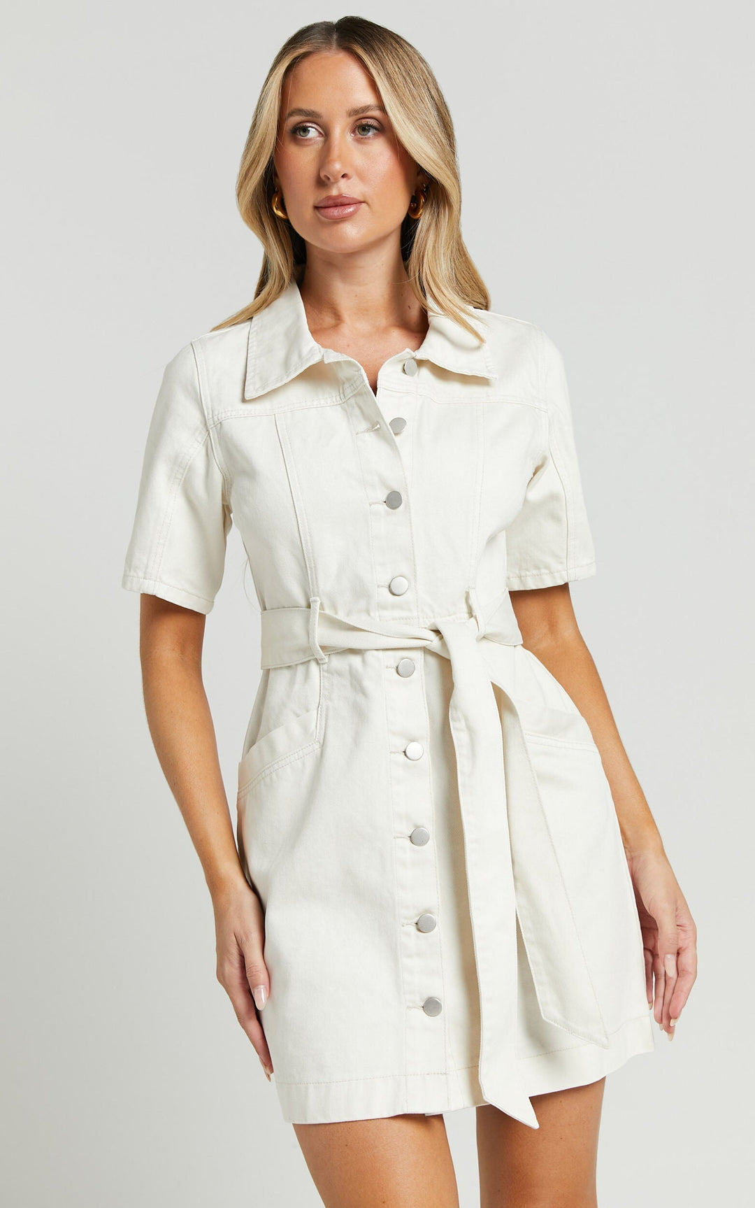 Button-Down Denim Mini Dress - Aria-Ecru-XS-State of Style