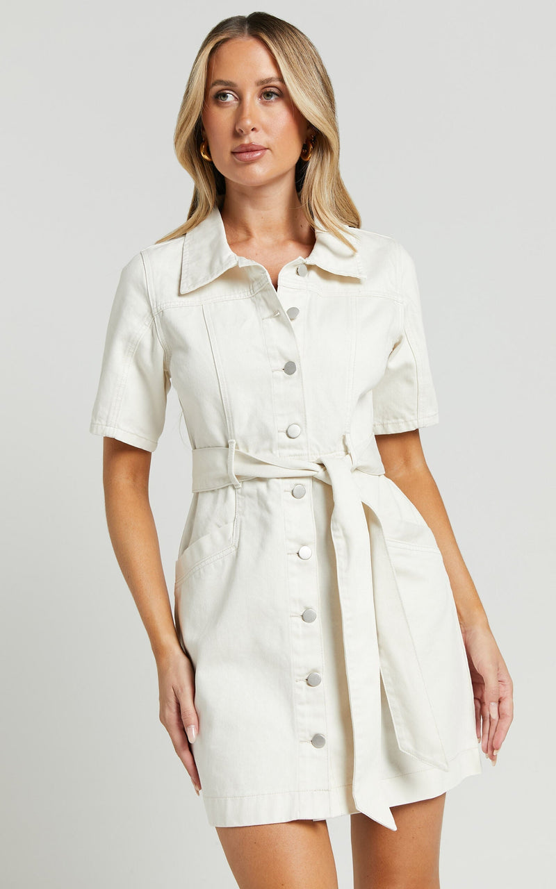 Button-Down Denim Mini Dress - Aria-Ecru-XS-State of Style