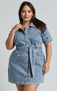 Button-Down Denim Mini Dress - Aria-Ecru-XS-State of Style