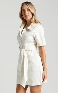Button-Down Denim Mini Dress - Aria-Ecru-XS-State of Style