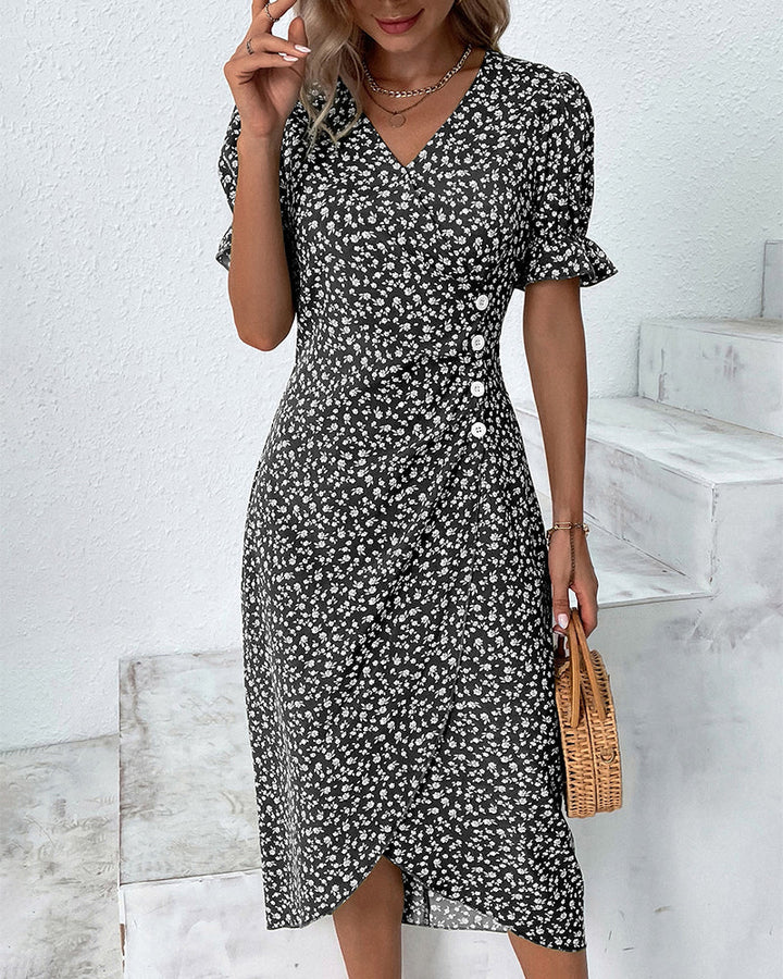 Button dress with V-neck & short sleeves – Luisa-Black-S-State of Style