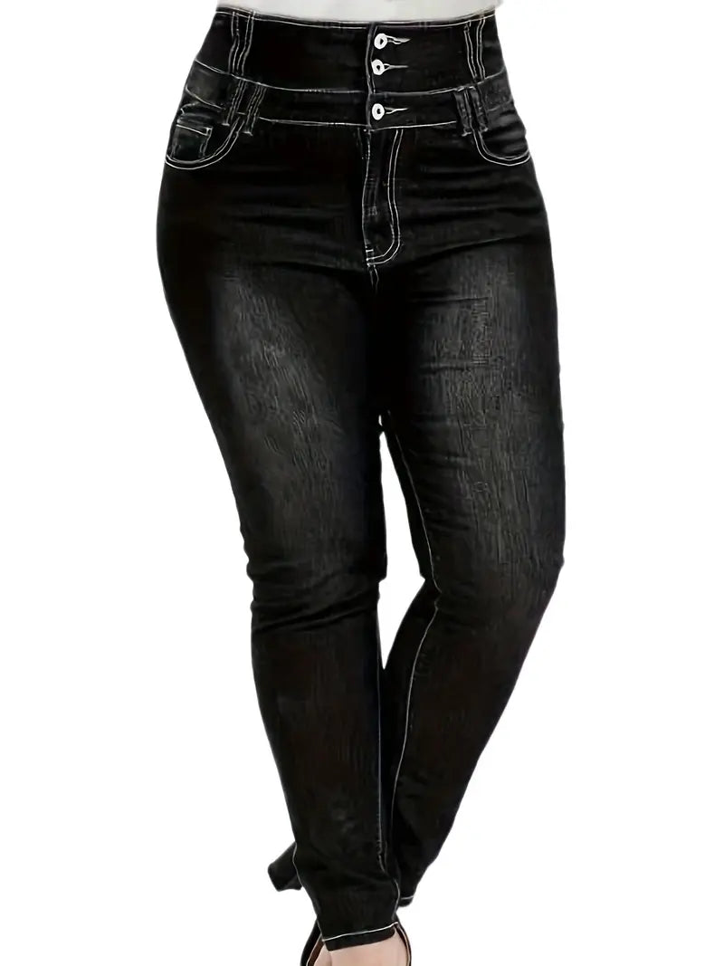 Button-Up Skinny Jeans in Plus Size-Black-L-State of Style