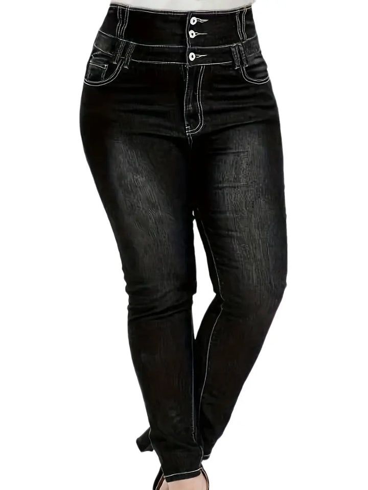 Button-Up Skinny Jeans in Plus Size-Black-L-State of Style