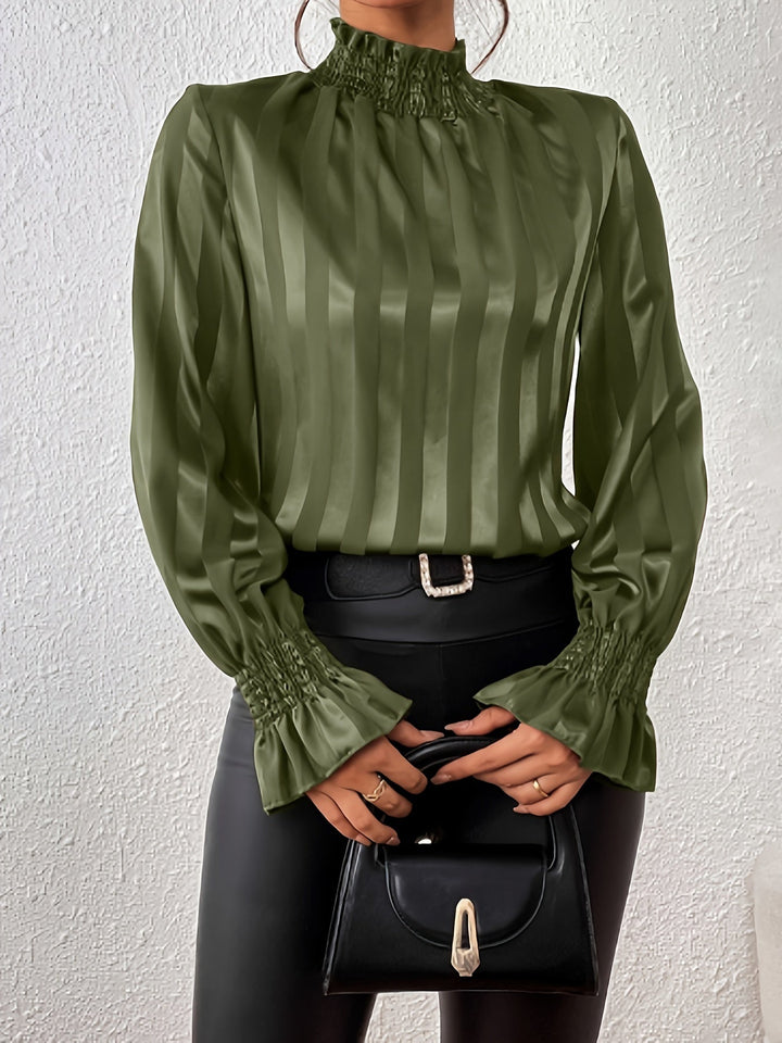 Satin Women's Blouse with Long Sleeves and Shirred Collar - Noëlle