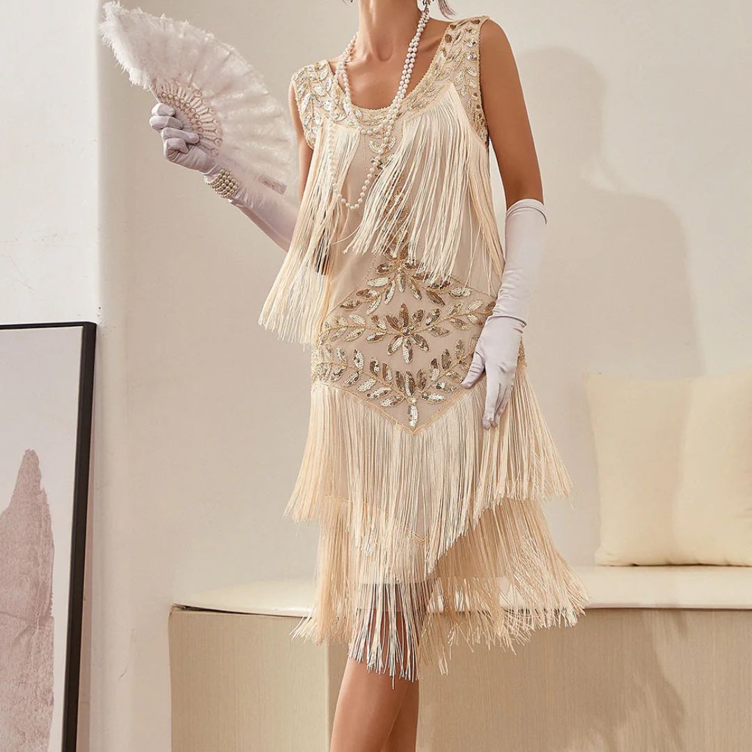 Camilla Gatsby Sequin and Fringe Dress-Champagne-S-State of Style