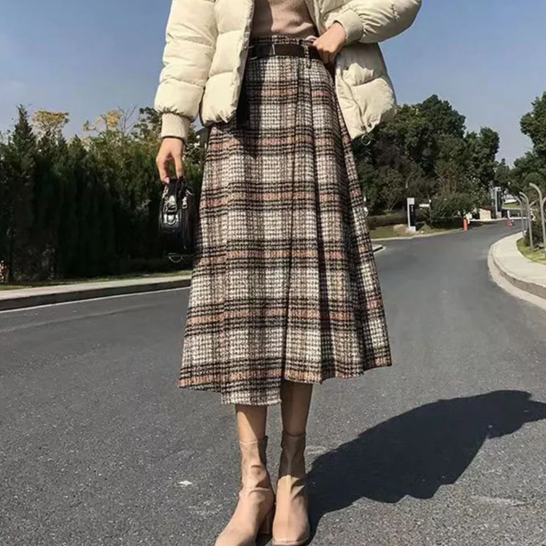 Camilla Traditional Skirt – Elegant A-Line Checkered Maxi Skirt-Grey-L-State of Style