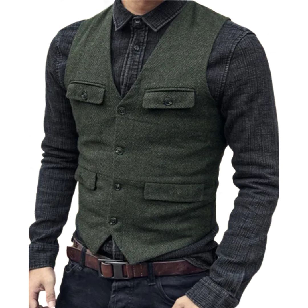 Carlos Traditional Vest – Vintage Herringbone Wool Tweed Waistcoat-Army Green-XS-State of Style