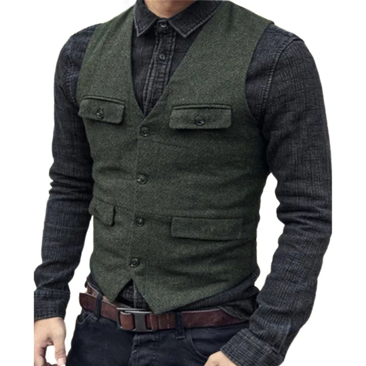 Carlos Traditional Vest – Vintage Herringbone Wool Tweed Waistcoat-Army Green-XS-State of Style