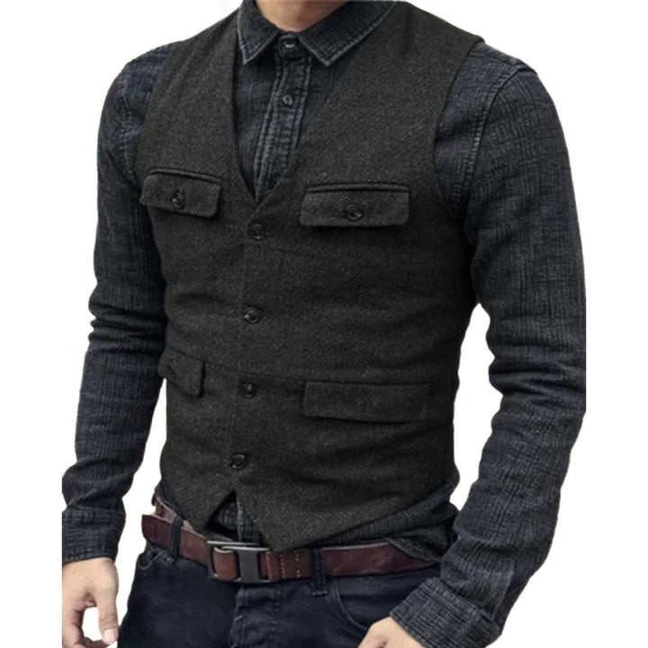 Carlos Traditional Vest – Vintage Herringbone Wool Tweed Waistcoat-Black-XS-State of Style