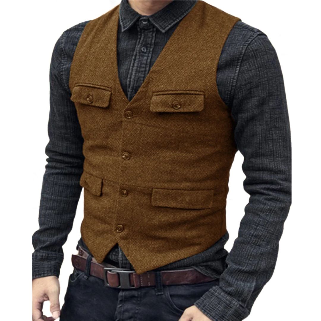 Carlos Traditional Vest – Vintage Herringbone Wool Tweed Waistcoat-Brown-XS-State of Style