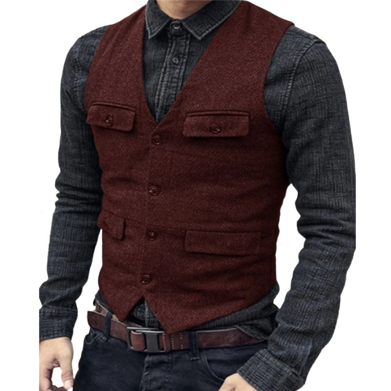 Carlos Traditional Vest – Vintage Herringbone Wool Tweed Waistcoat-Burgundy-XS-State of Style