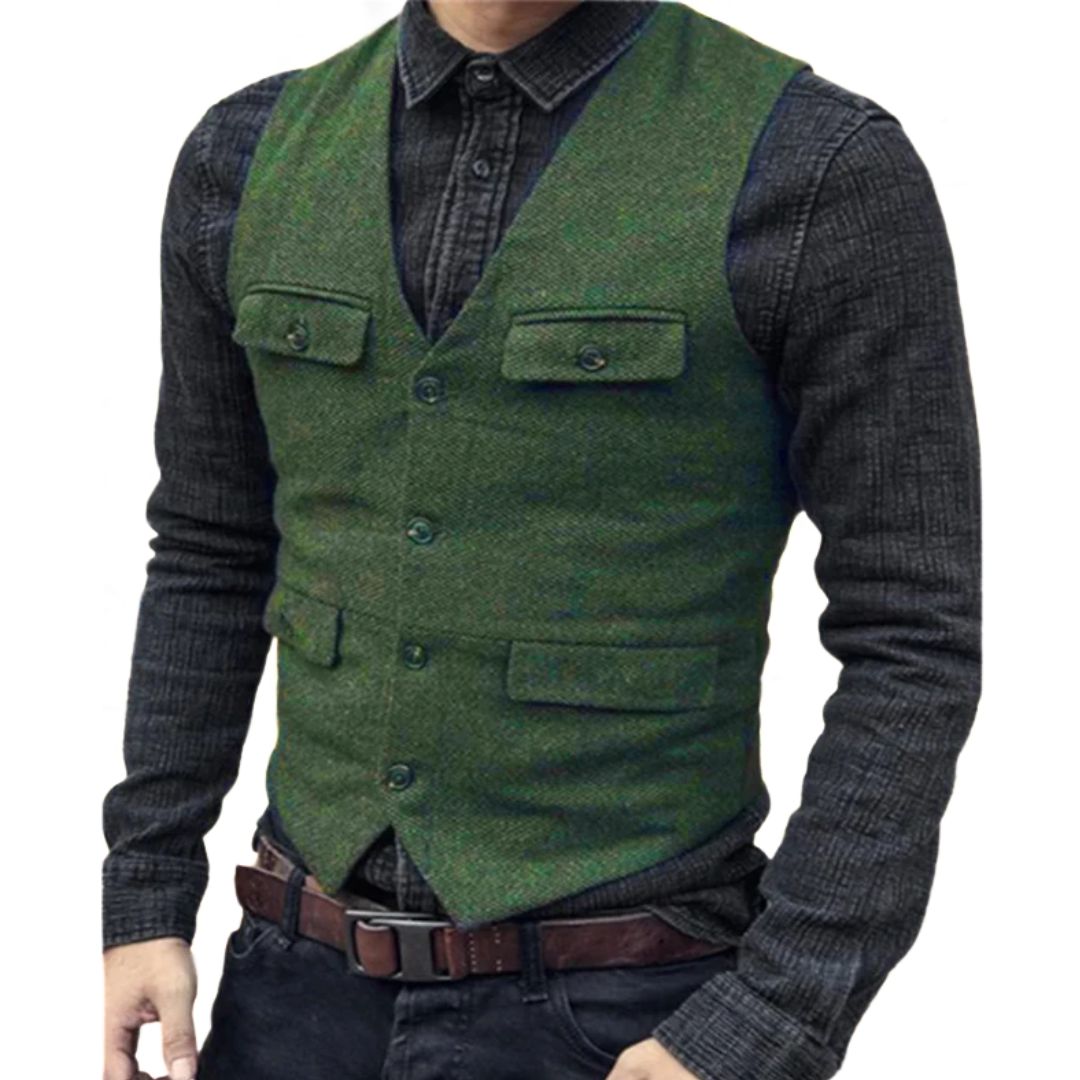 Carlos Traditional Vest – Vintage Herringbone Wool Tweed Waistcoat-Green-XS-State of Style