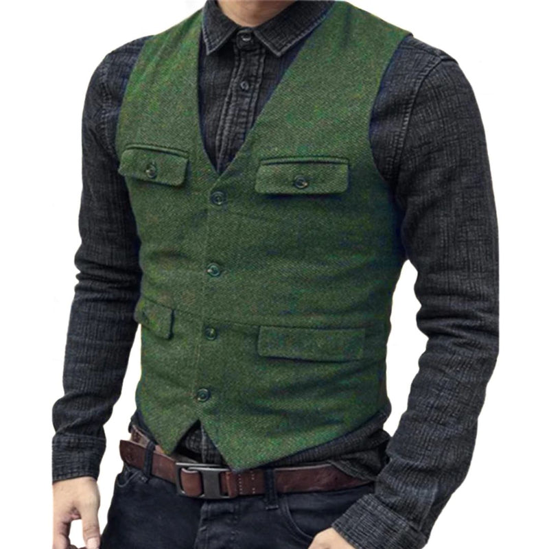Carlos Traditional Vest – Vintage Herringbone Wool Tweed Waistcoat-Green-XS-State of Style