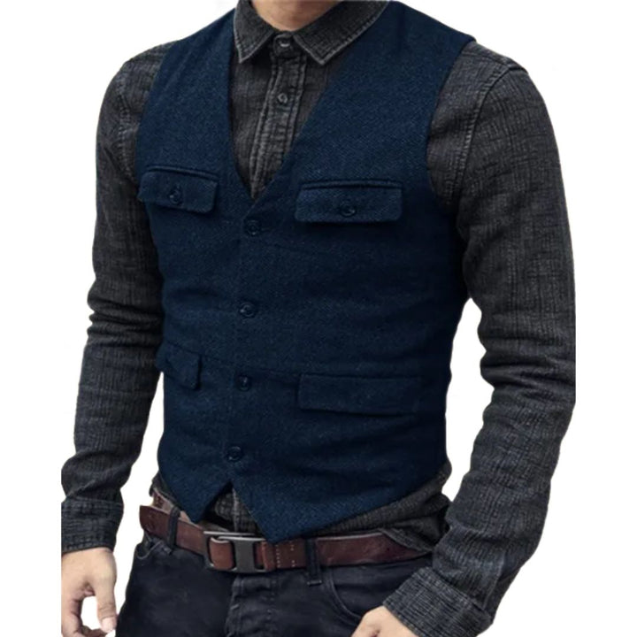 Carlos Traditional Vest – Vintage Herringbone Wool Tweed Waistcoat-Navy Blue-XS-State of Style