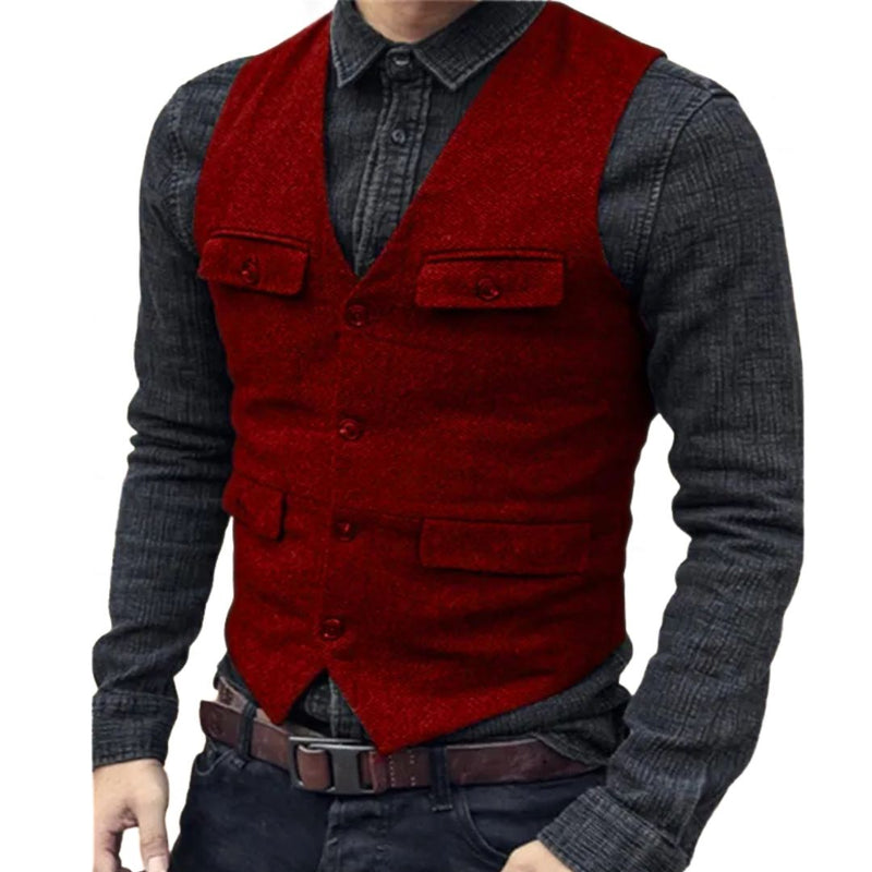 Carlos Traditional Vest – Vintage Herringbone Wool Tweed Waistcoat-Red-XS-State of Style