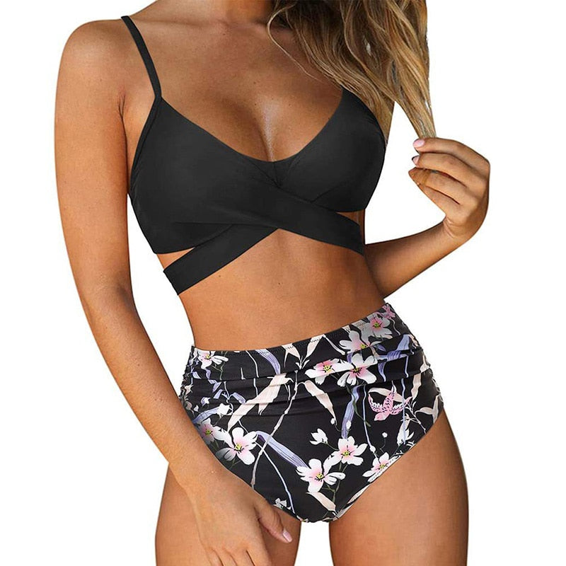 Carly High Waist Bikini | The Ultimate Beach & Holiday Swimwear-Black Top - Floral Briefs-S-State of Style