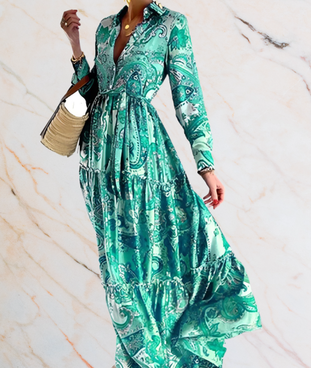 Cassie Floral Maxi Dress | Long Sleeves & Deep V-Neck-Green-Blue-S-State of Style