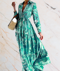 Cassie Floral Maxi Dress | Long Sleeves & Deep V-Neck-Green-Blue-S-State of Style