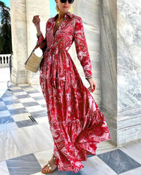 Cassie Floral Maxi Dress | Long Sleeves & Deep V-Neck-Red-Pink-S-State of Style