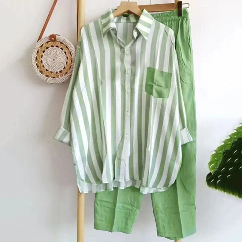 Casual Blouse and Trousers Set in Light Fabric – Noémie-Green-S-State of Style
